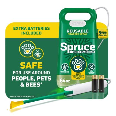 Spruce Weed Killer Spray wiht attached wand and two batteries over a marketing poster background