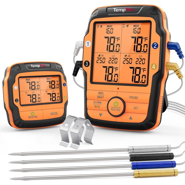 The TempPro Wireless Meat Thermometer transmitter, receiver, and probes on a white background