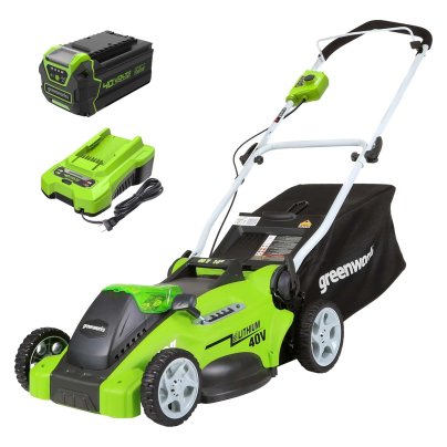 The Greenworks Ultralight 16-Inch Cordless Lawn Mower battery and charger on a white background