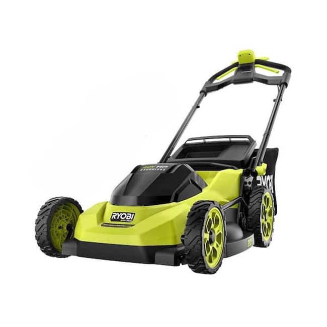 The Ryobi 20-Inch Cordless Self-Propelled Lawn Mower on a white background