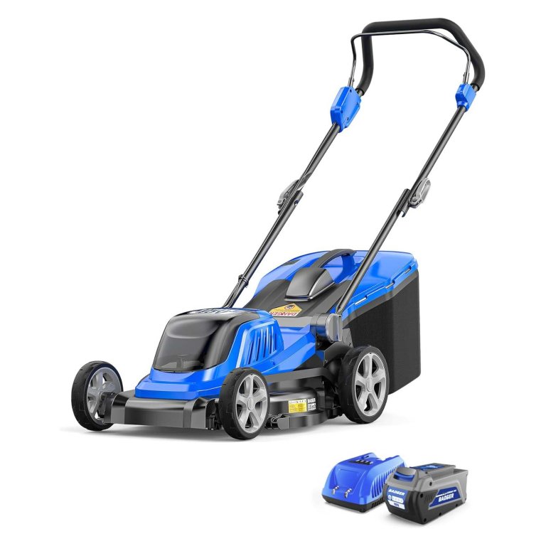 The Wild Badger Power 40V 18-Inch Cordless Lawn Mower with battery and charger on a white background