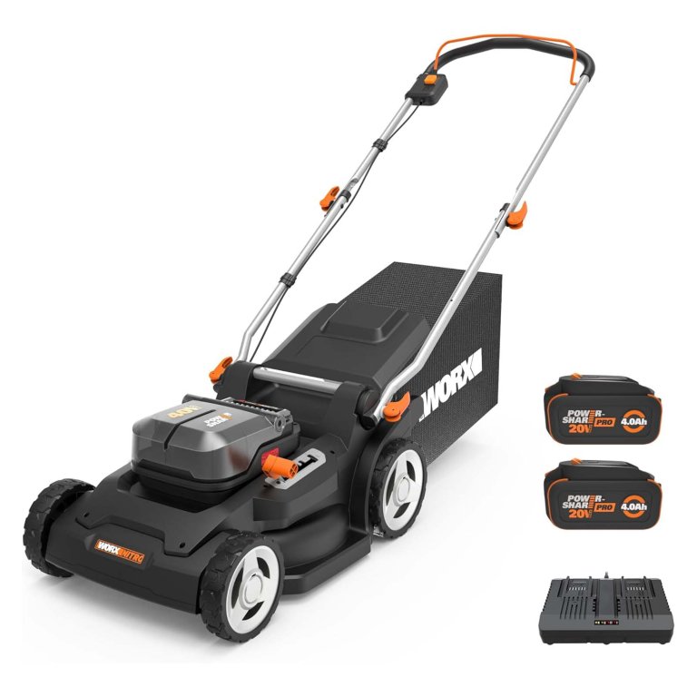 The Worx WG779 14-Inch Cordless Lawn Mower with batteries and charger on a white background