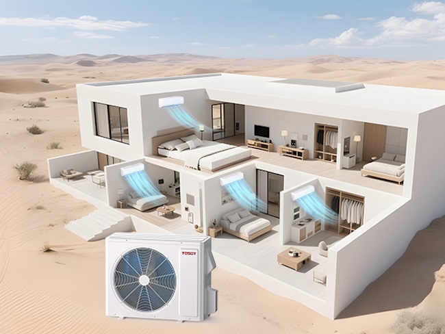 Multi-zone mini-split heat pump system rendering.