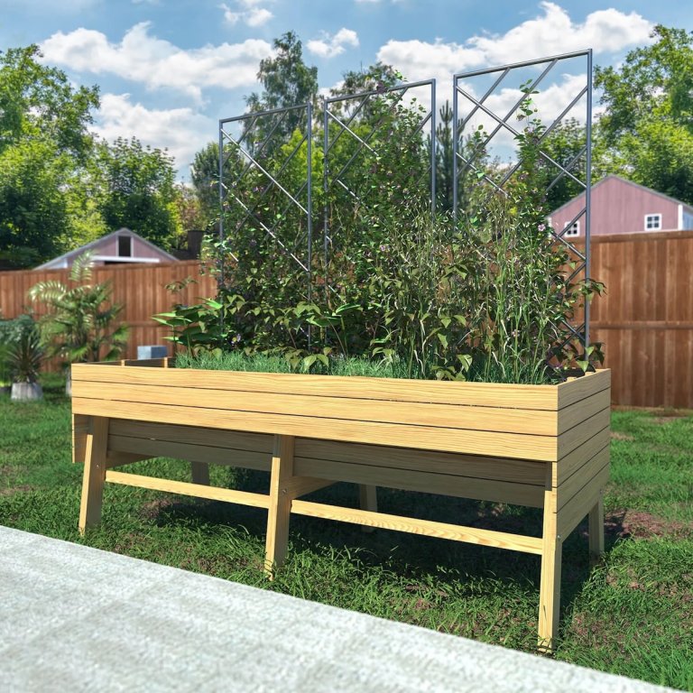 The Veikous Large Cedar Wood Raised Garden Bed growing a garden next to a cement patio