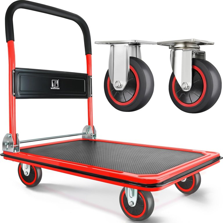 The Wellmax 660-Pound-Capacity Foldable Push Cart Dolly with an inset image of its wheels on a white background