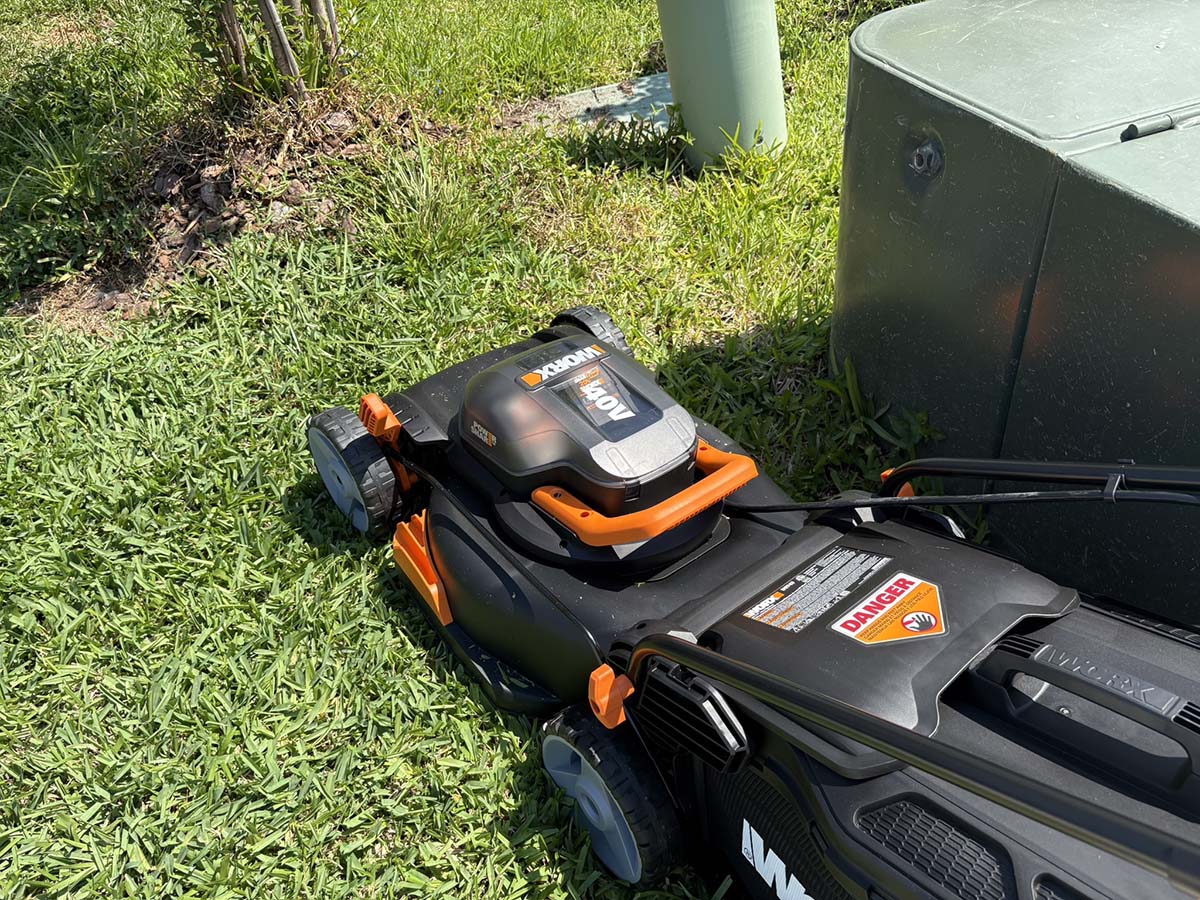Worx small lawn mower in use during testing