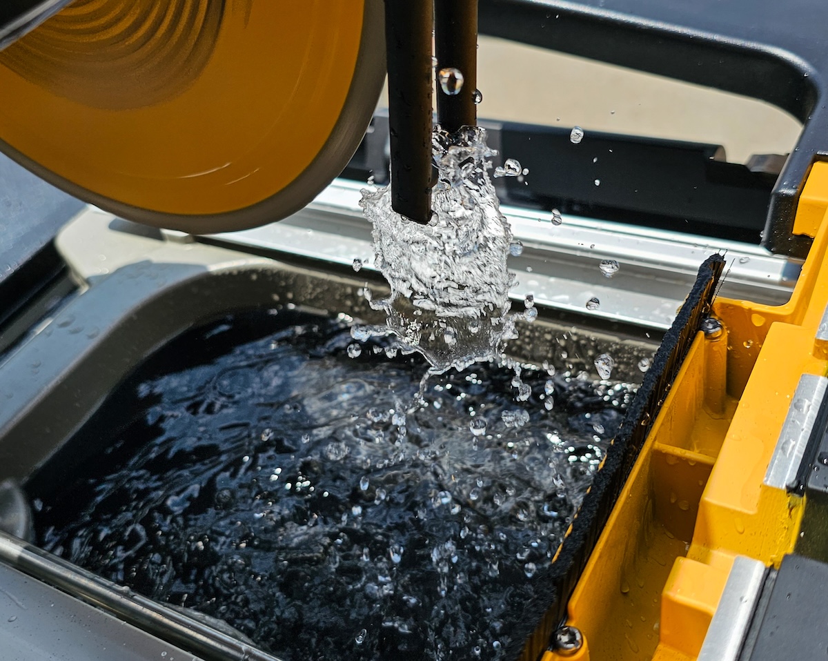 The water reservoir on a wet saw. 