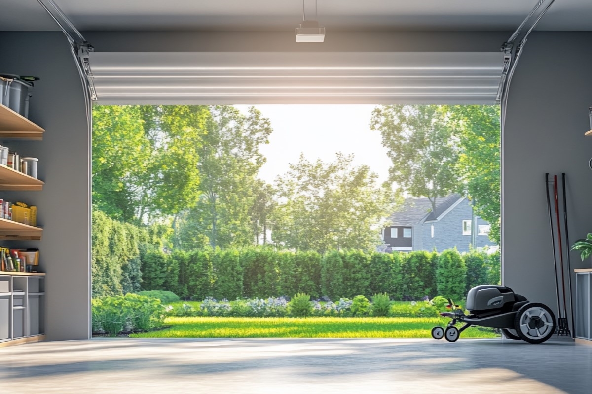 Organized garage with open door revealing sunny backyard.