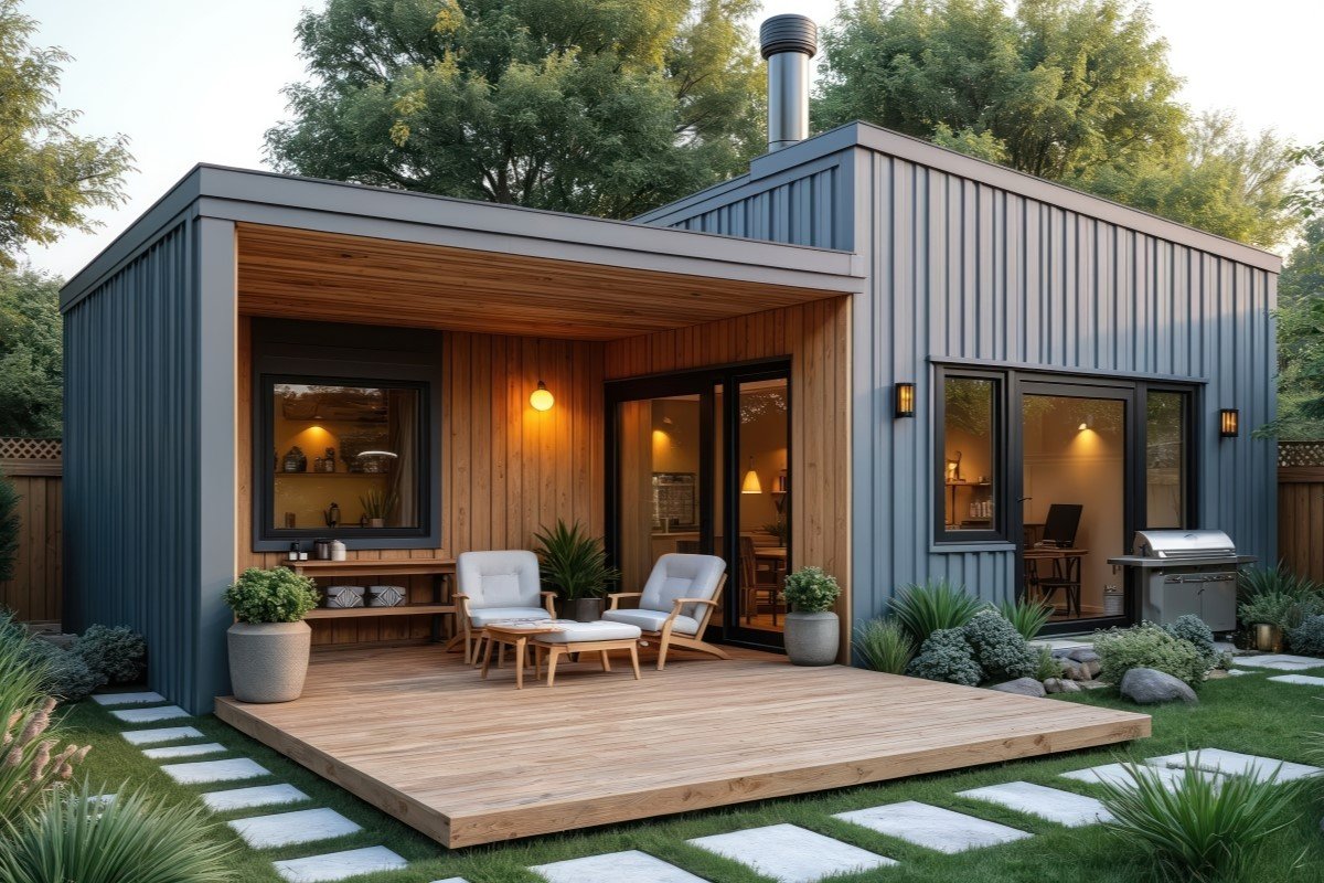 Small house with sliding doors opening to wooden deck, garden and manicured lawn.