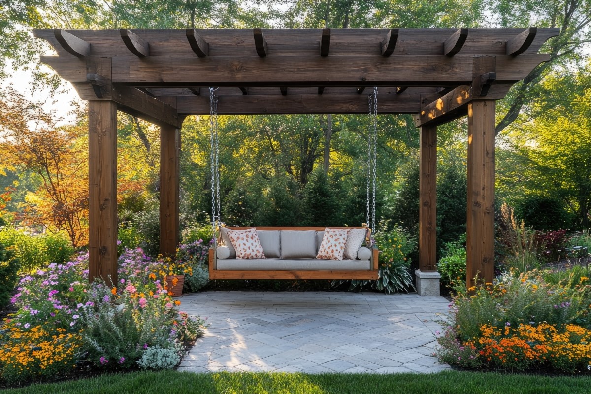 Wooden swing hanging on pergola in blooming garden during summer.