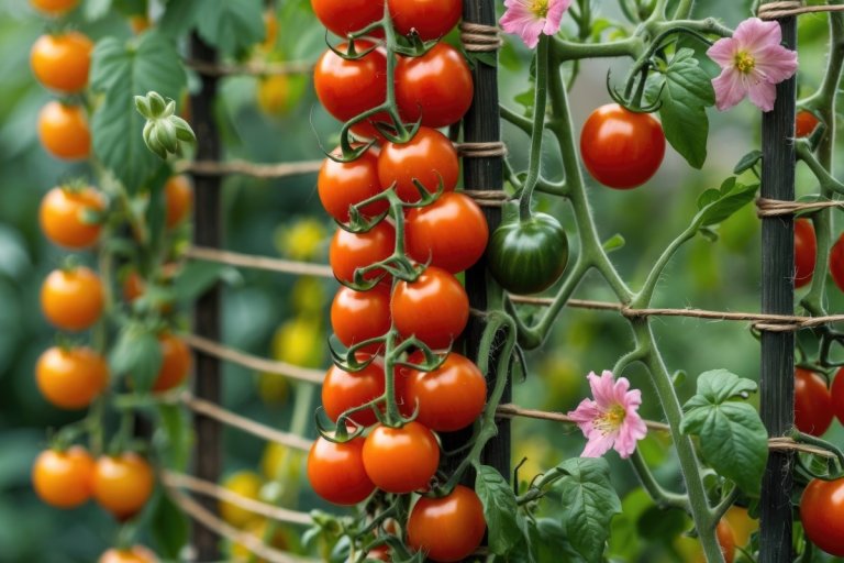 Close up of cherry tomatoes growing on a trellis with twin support.