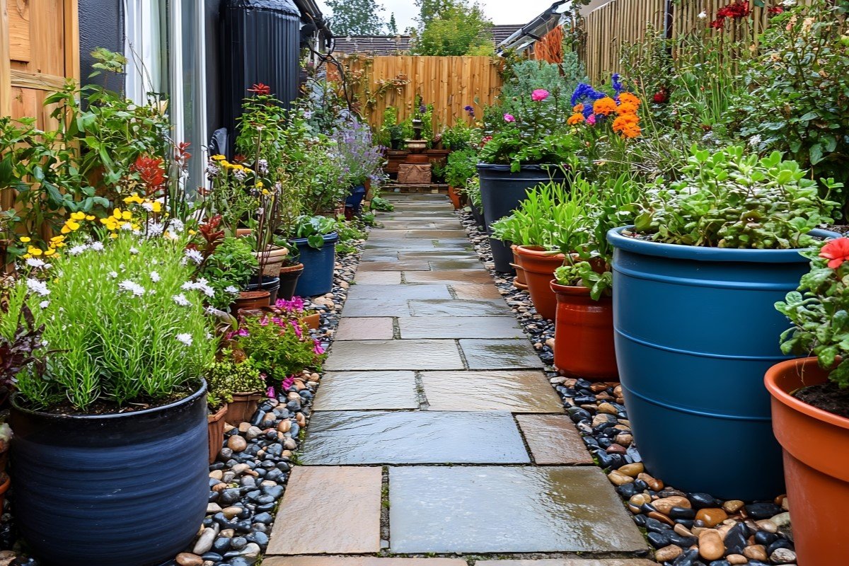 A stone path winds through a colorful potted plant garden space.