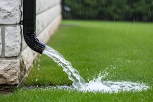 Rainwater gushing from downspout onto a vibrant green lawn creating splashes.
