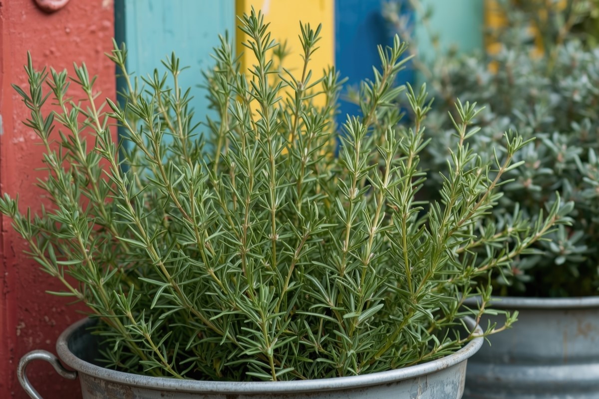 Close view of metal pots with aromatic rosemary plant growing in home garden.