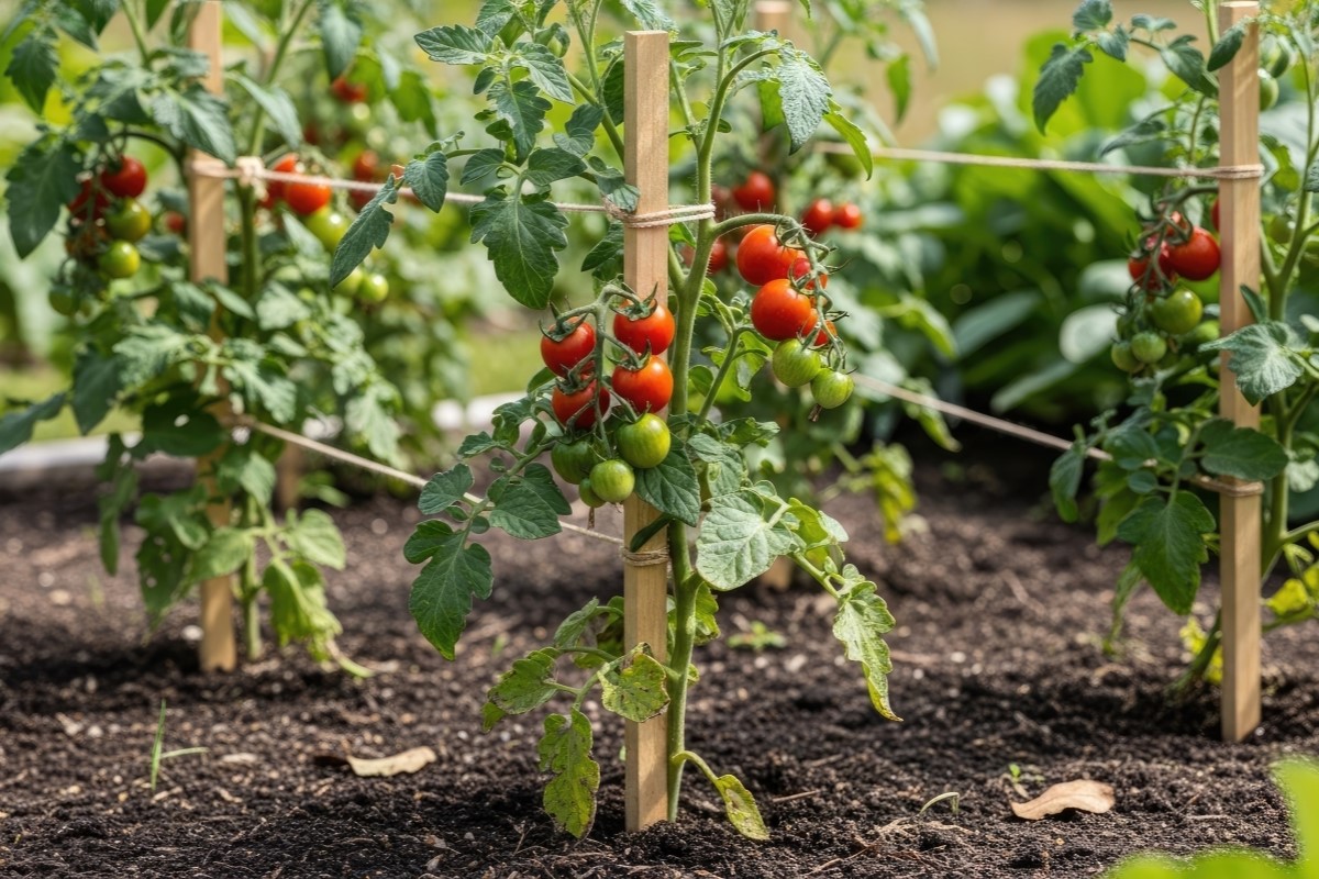 A tomato plant grows in a garden bed with wooden stakes and twine.