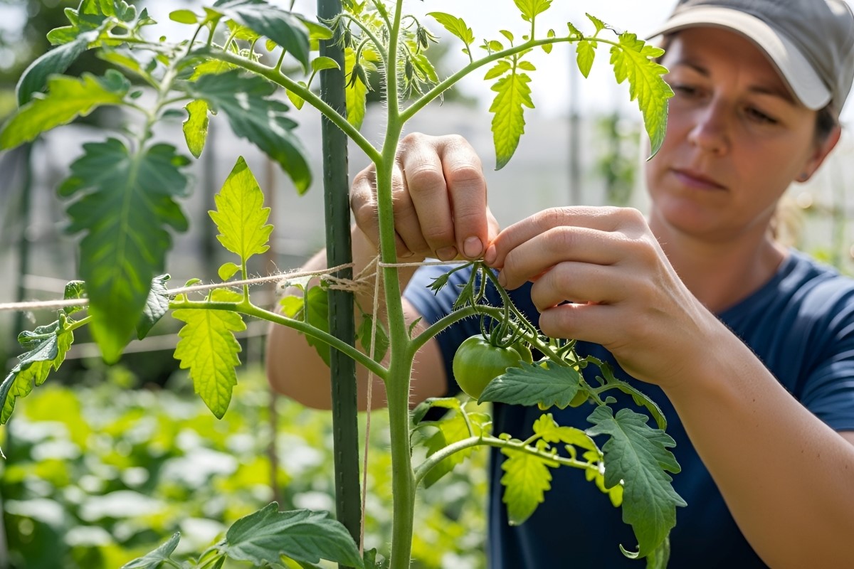 Woman tying tomato plant to stake in vegetable garden with natural twine for support.