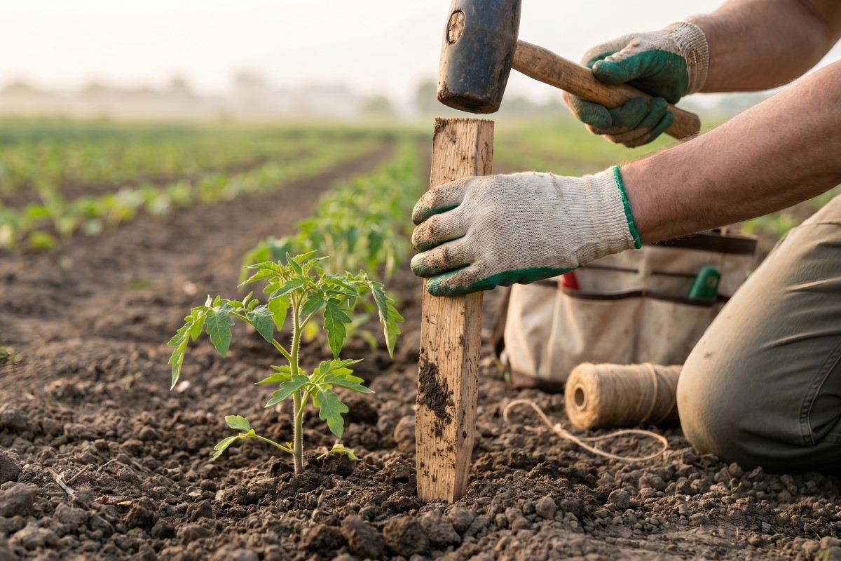 Farmer hammering wooden stake, mallet hitting timber post, supporting tomato plant.