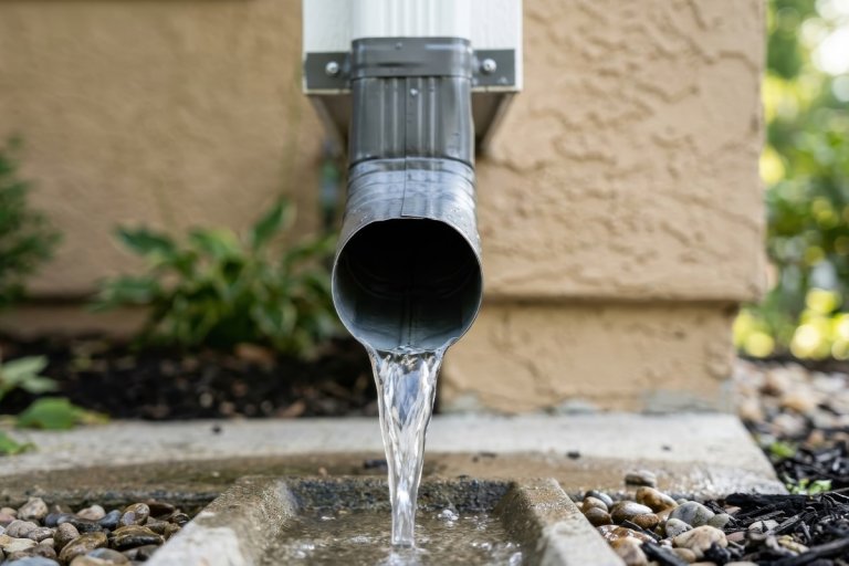 Water freely flowing from a clean downspout into a drainage channel.