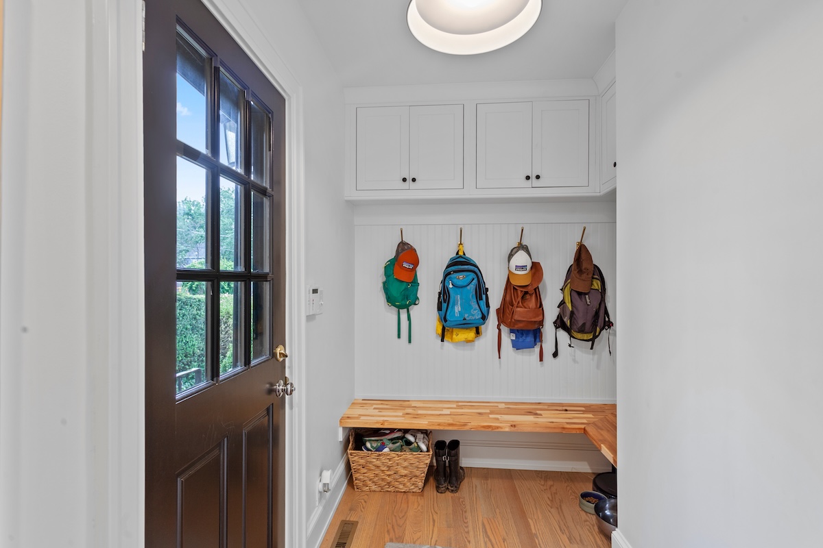 A custom mudroom inside a modern house.
