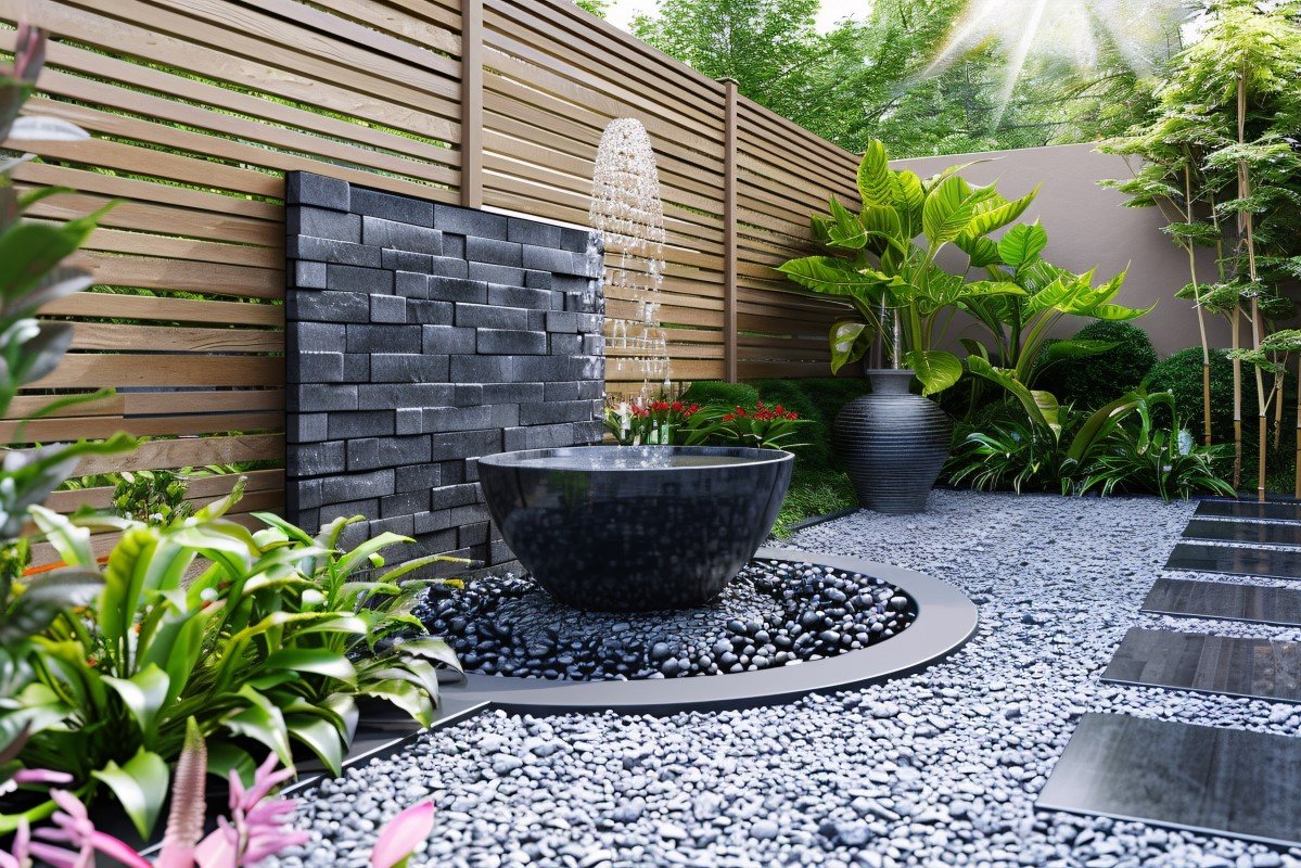 Small yard with modern garden design that includes black stones and a large fountain.
