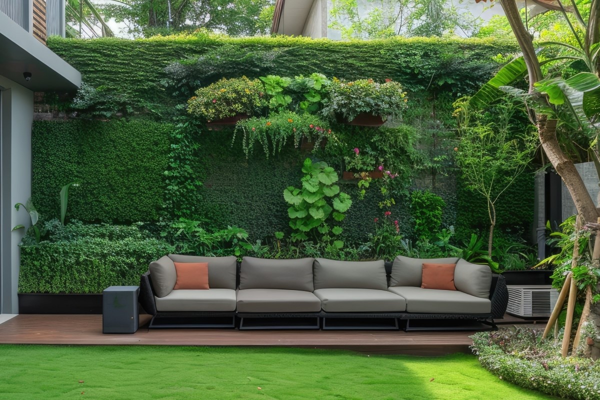 Modern small garden design with a green wall, lawn and seating area.