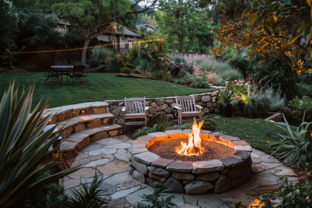 Cozy seating area in the backyard with a fire pit and comfortable seats in tiered yard.