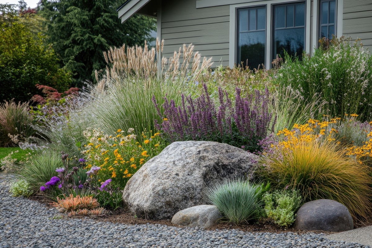 A small yard garden with native grasses, flowering perennials, and a small boulder arrangement.