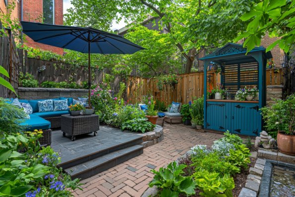 Small urban backyard garden with a herringbone patterned paver patio, a hexagonal shed, cedar horizontal fencing, and relaxing furniture.