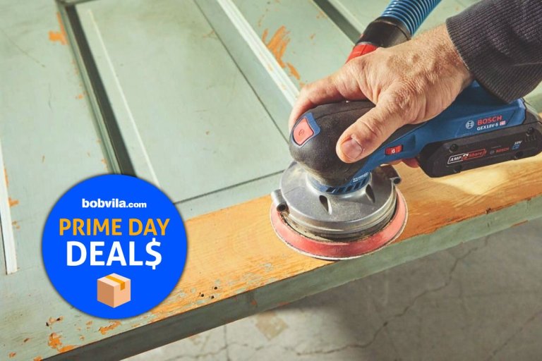 Bosch Random Orbital Sander used in a door refinishing job, showcased in Prime Day sale