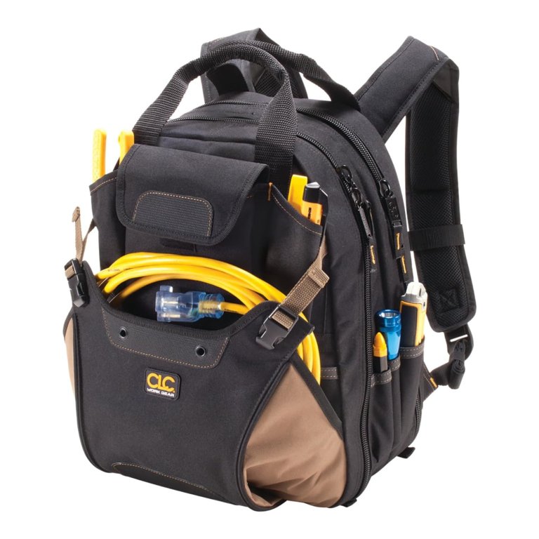 The CLC Work Gear Deluxe full of tools and shown on a white background