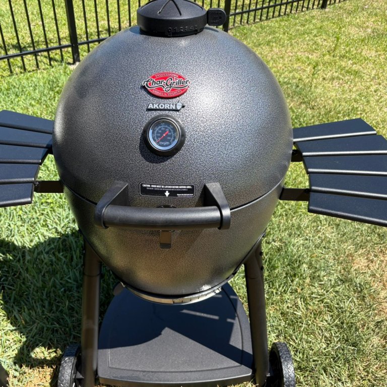 The Char-Griller Akorn Kamado Grill set up outside before testing