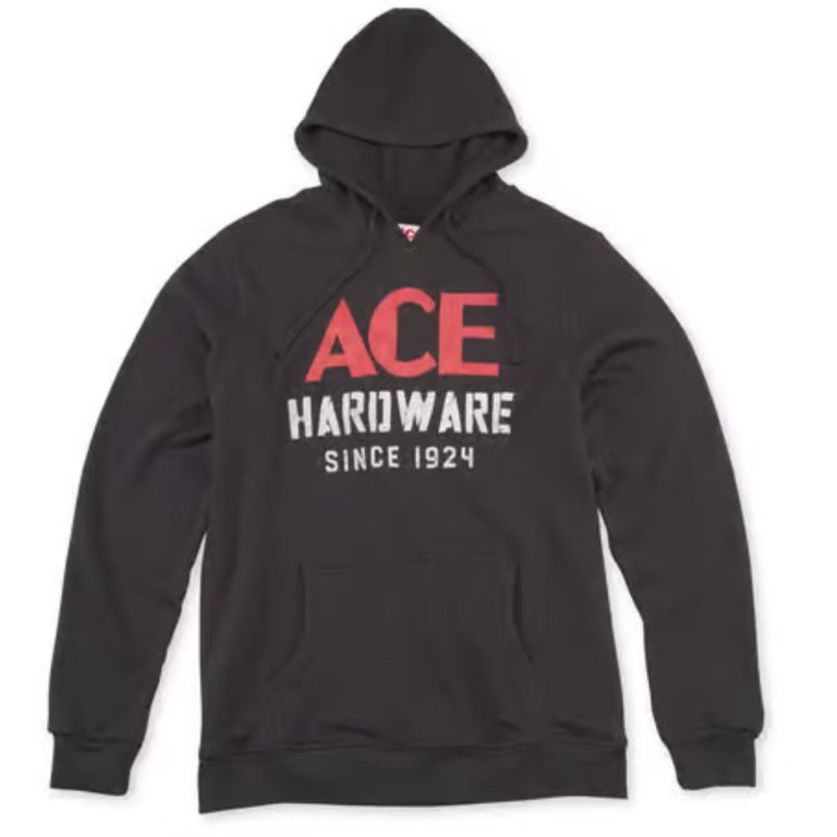A black hooded sweatshirt with Ace Hardware Since 1924 written on the front