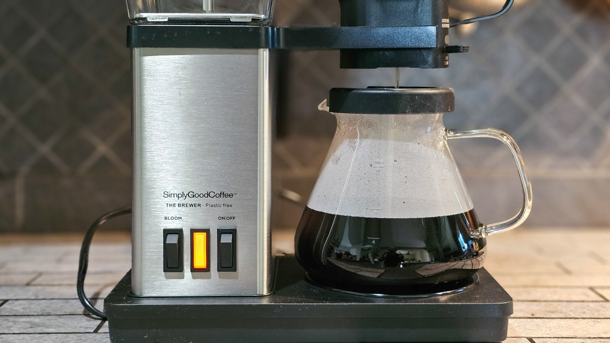 Coffee dripping into the SimplyGoodCoffee brewer's glass pot