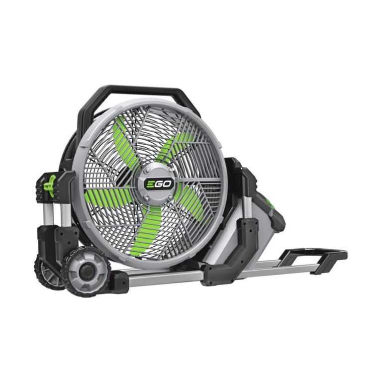 The Ego Power+ 18 Misting Fan on a white background
