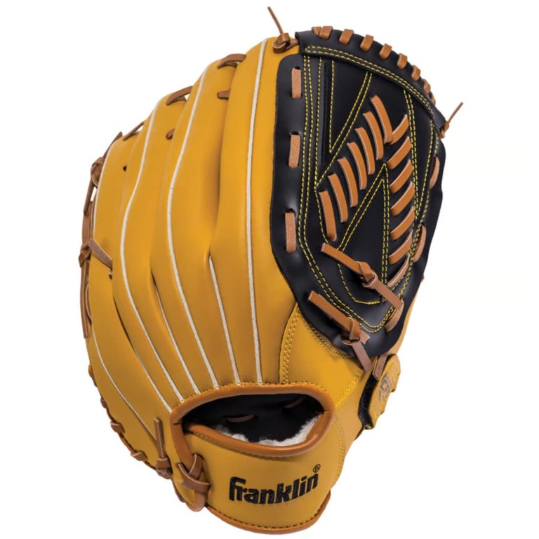 A Franklin Black/Tan Synthetic Leather Baseball Glove on a white background
