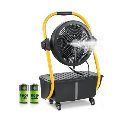 The Geek Aire Battery-Operated Outdoor Misting Fan next to two batteries on a white background