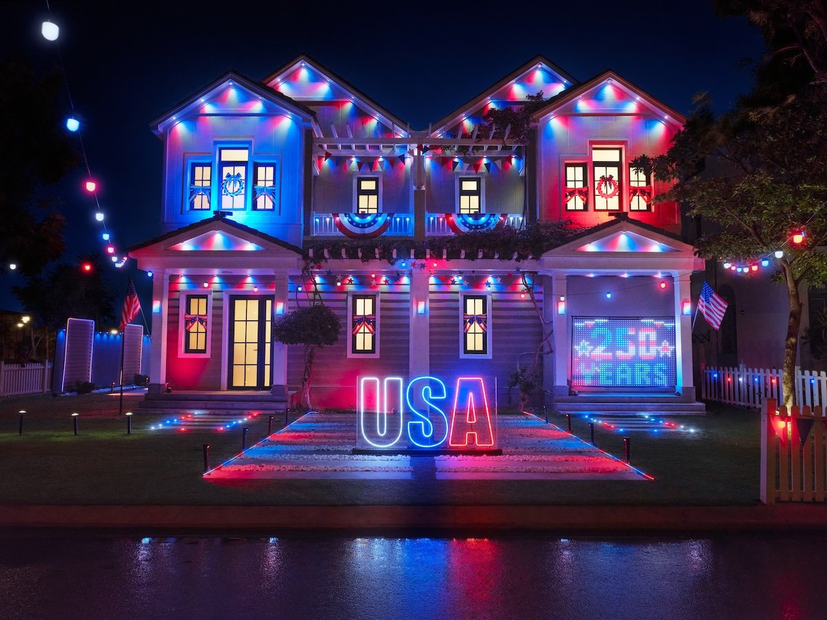Govee outdoor lighting on a house celebrating the Fourth of July.