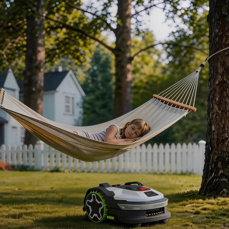 A person laying in a hammock while the Greenworks C20Z robot mower mows the lawn