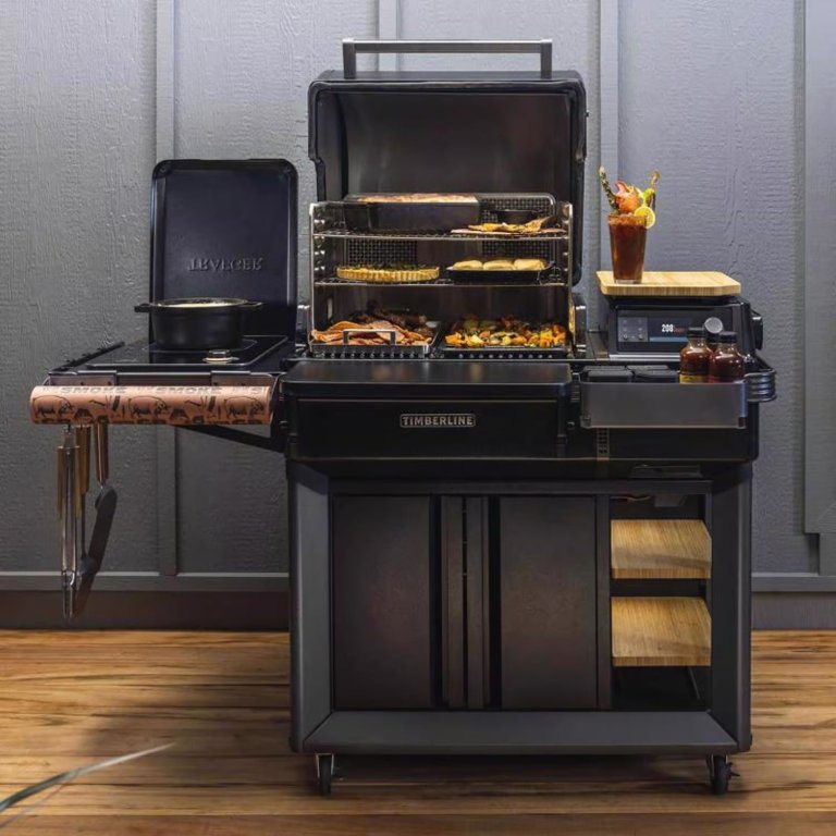 The Traeger Timberline Wood Pellet WiFi Grill cooking and holding a variety of food