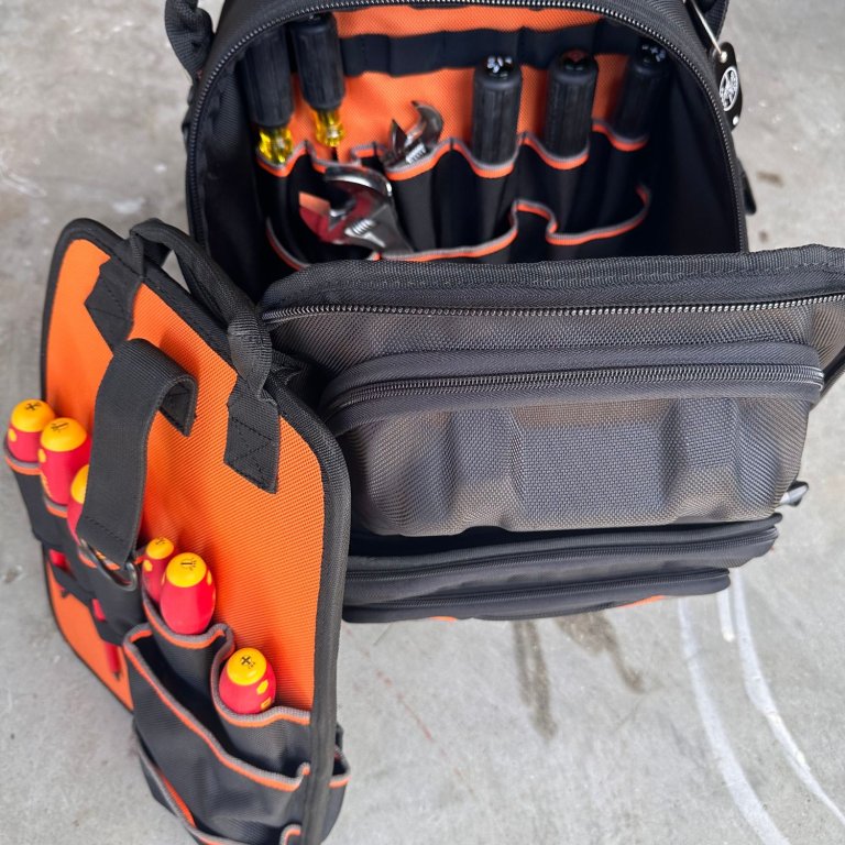 The Klein Tools Tradesman Pro tool backpack loaded with tools during testing