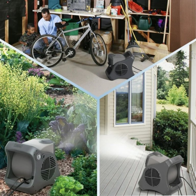 A trio of photos showing the Lasko Misto 15" Outdoor Misting Pivoting Fan in use in a garage, on a deck, and in a greenhouse