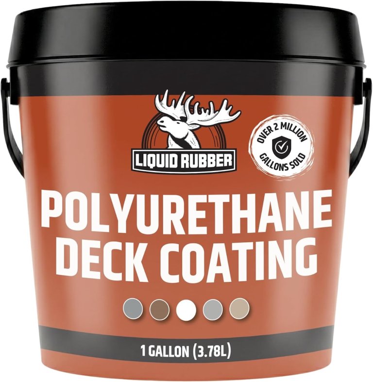 A gallon of the Liquid Rubber Polyurethane Deck Coating on a white background