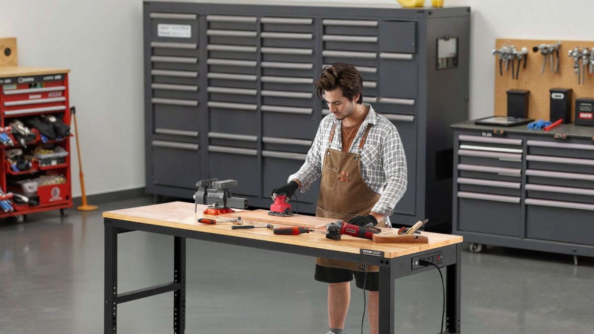 A DIYer working on a VEVOR workbench in a garage workshop.