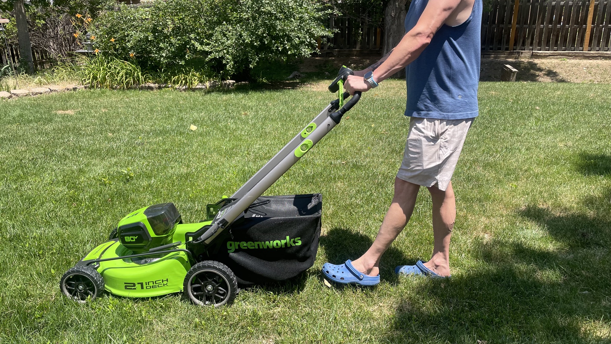 Mowing a flat section with the Greenworks 80V 21-inch Cordless 4-in-1 Push Lawn Mower