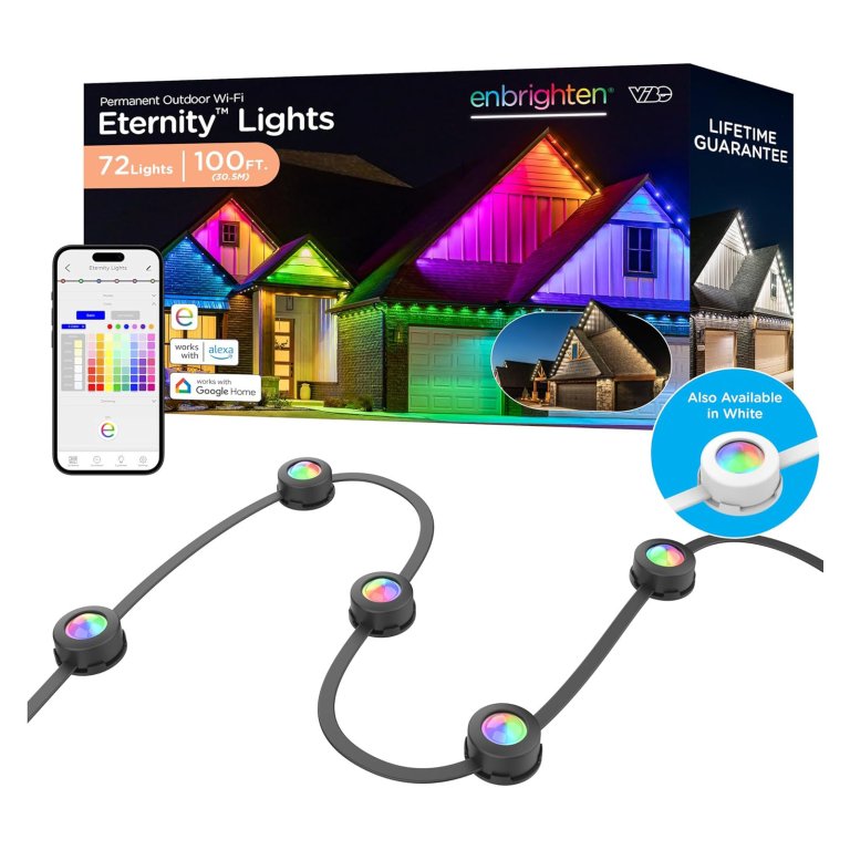 The Enbrighten Eternity Permanent Outdoor Lights packaging, lights, and app on a white background