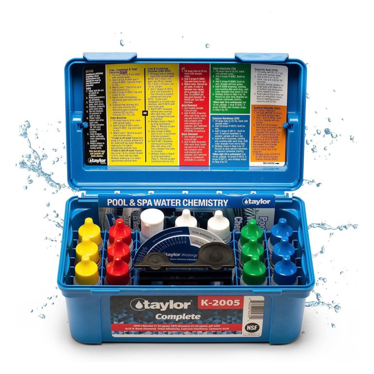 The Taylor K2005 Swimming Pool Test Kit open to show its contents on a white background