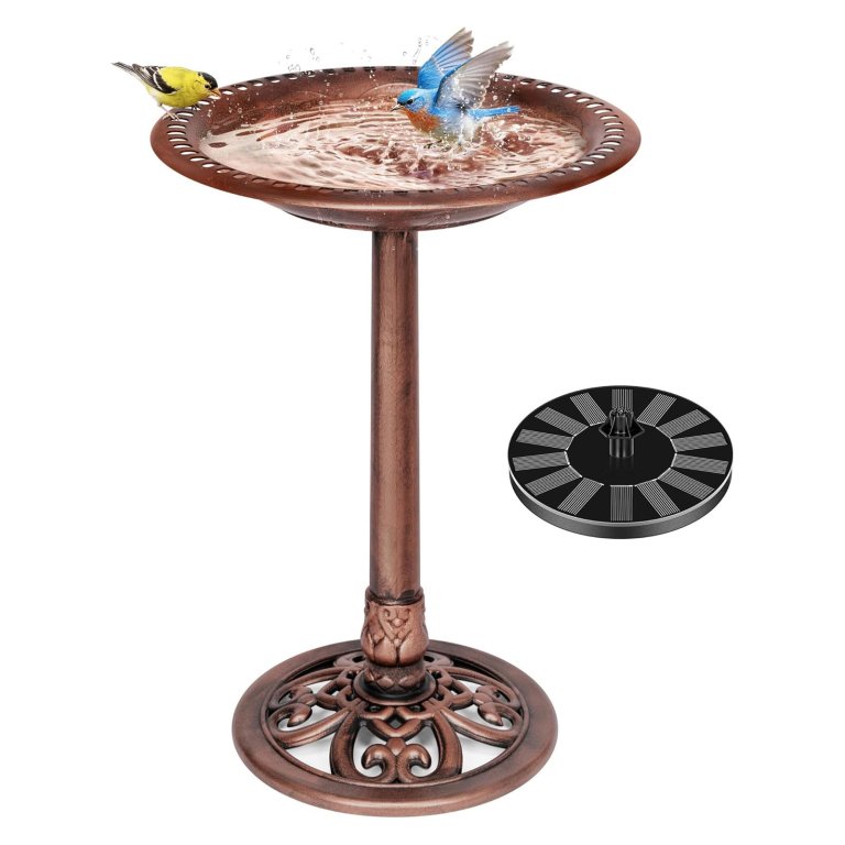 The Vivohome Bird Bath and Solar Powered Fountain Combo on a white background with two birds bathing in in