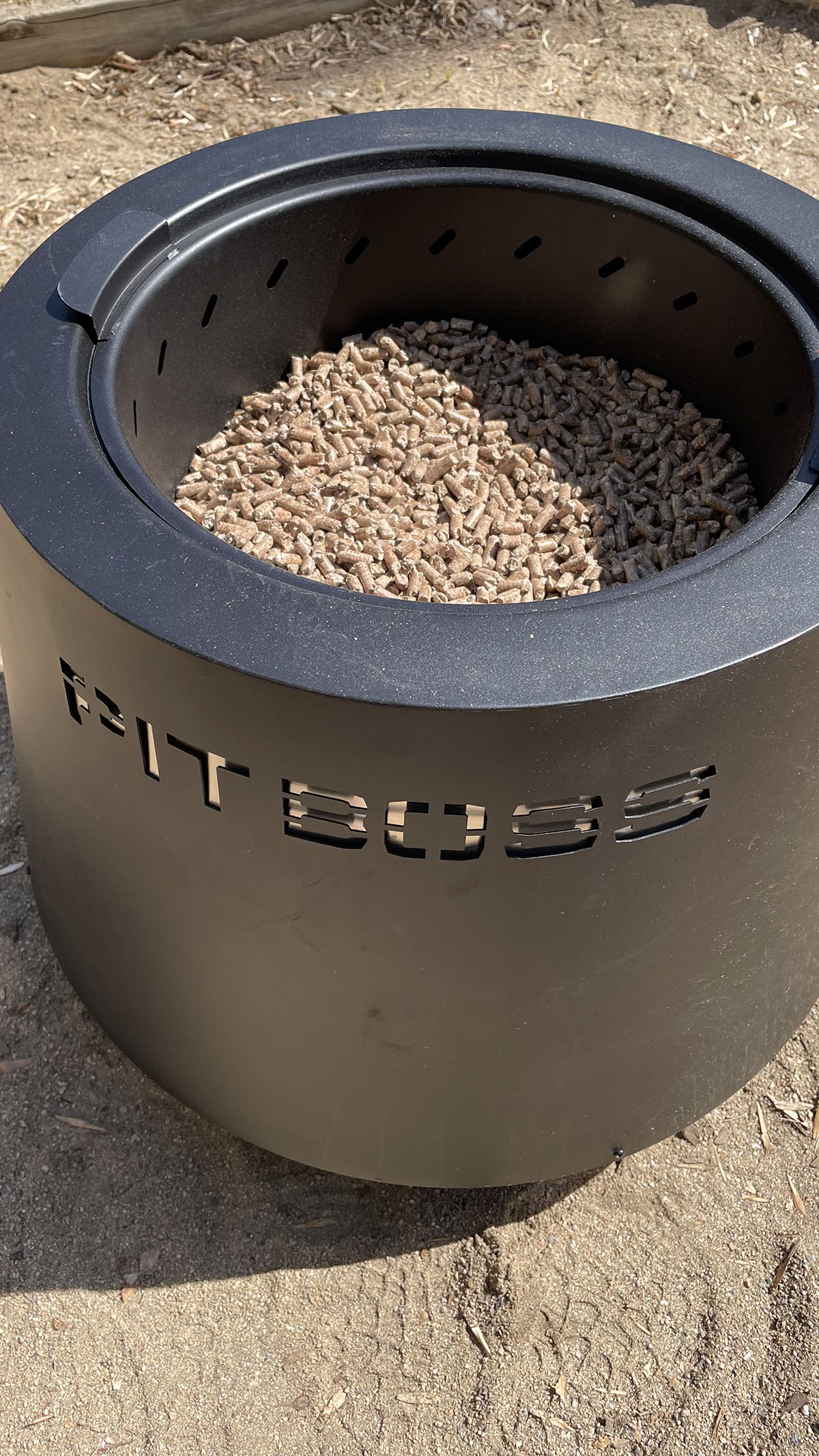 Pit Boss Smokeless Fire Pit filled with pellets