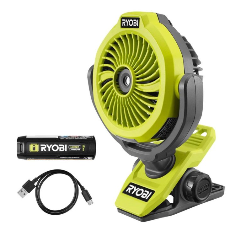 The Ryobi USB Lithium Misting Fan Kit on a white background