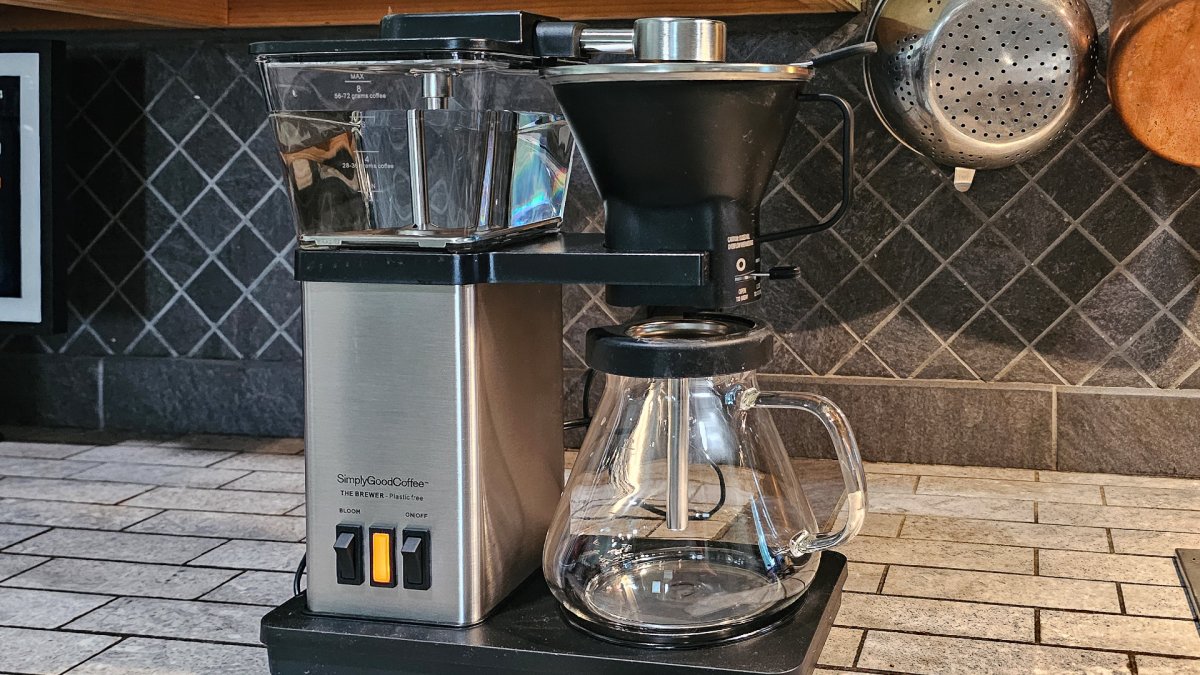 The SimplyGoodCoffee maker on a countertop before testing